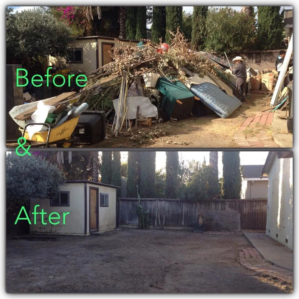 Before and after of messy, junk yard and the same yard clear and junk free.